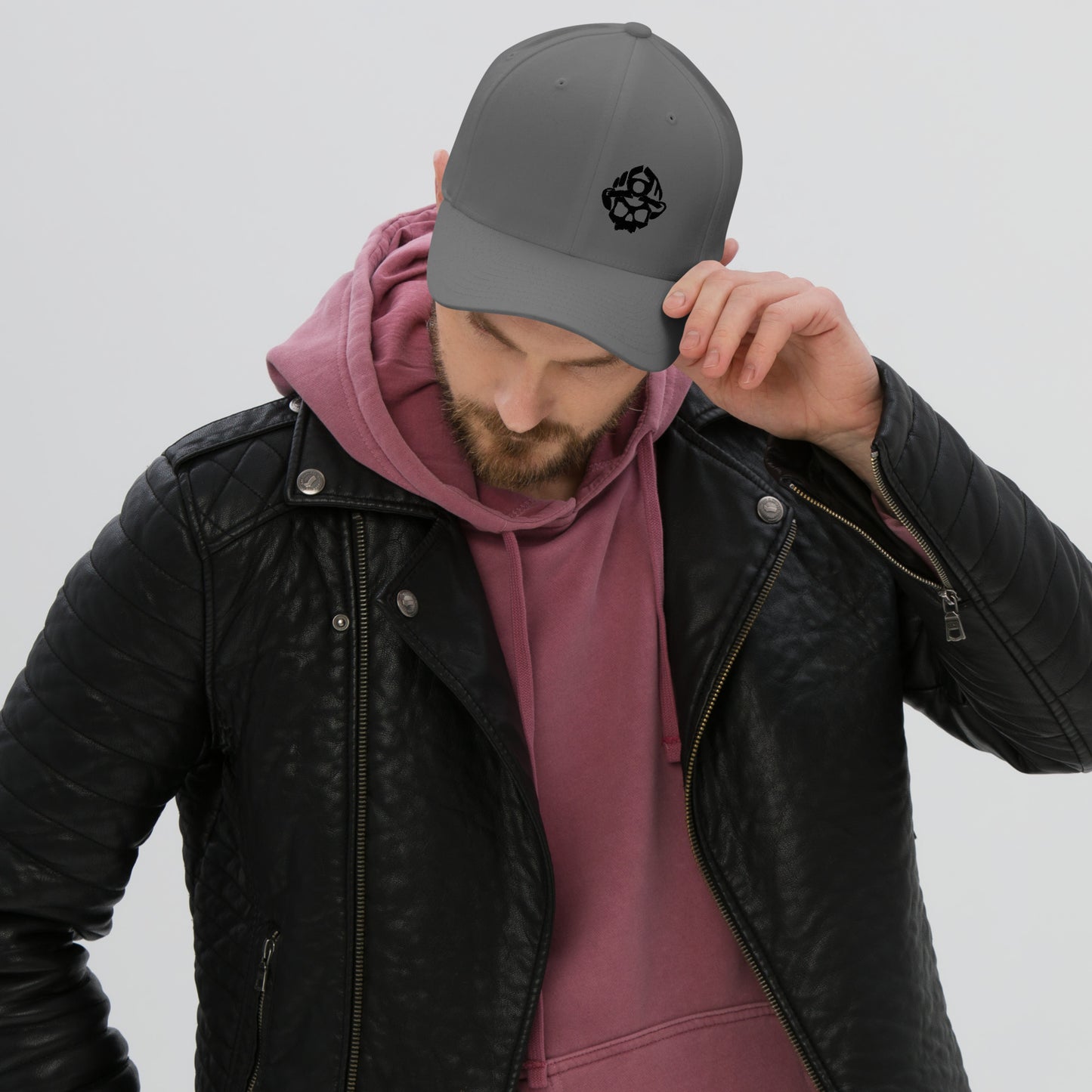 Black Embroidered 3D Puff Skull Logo Yupoong Flexfit Structured Hat