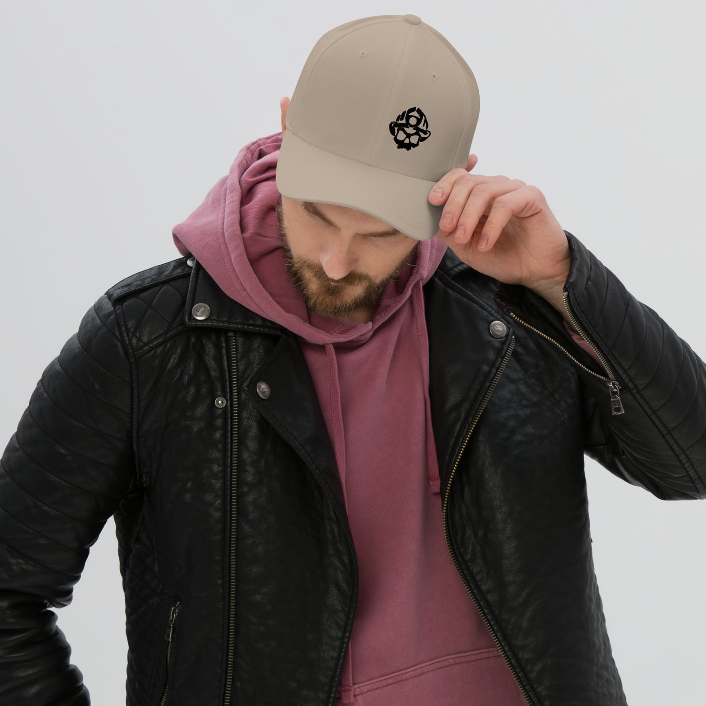 Black Embroidered 3D Puff Skull Logo Yupoong Flexfit Structured Hat