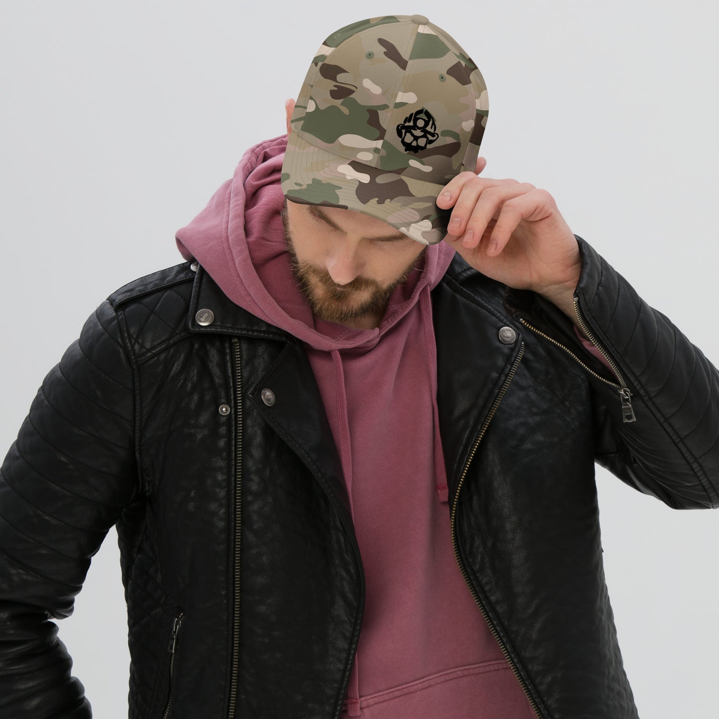 Black Embroidered 3D Puff Skull Logo Yupoong Flexfit Structured Hat