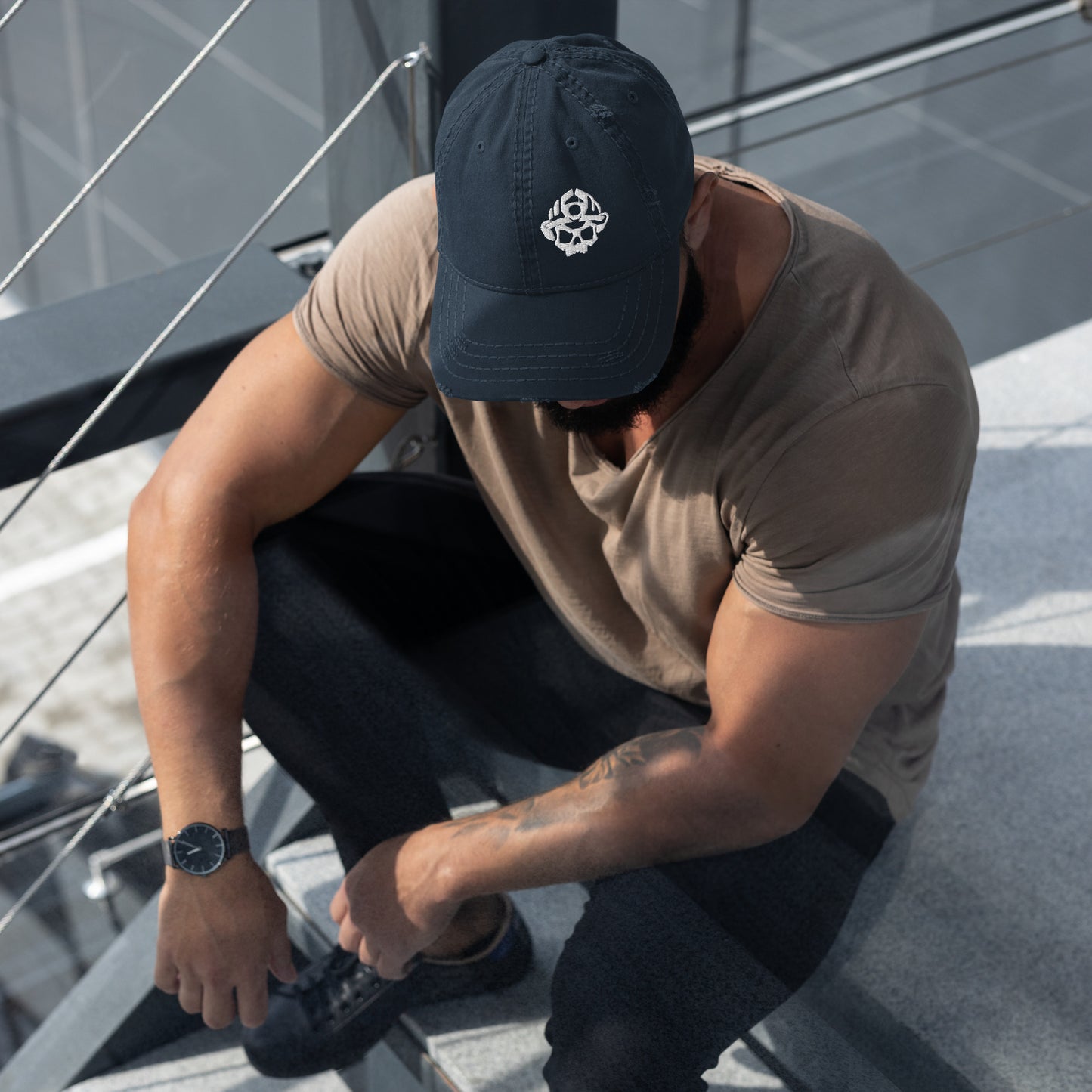 Gorra de sarga de algodón desgastada con logotipo de calavera y casco negro