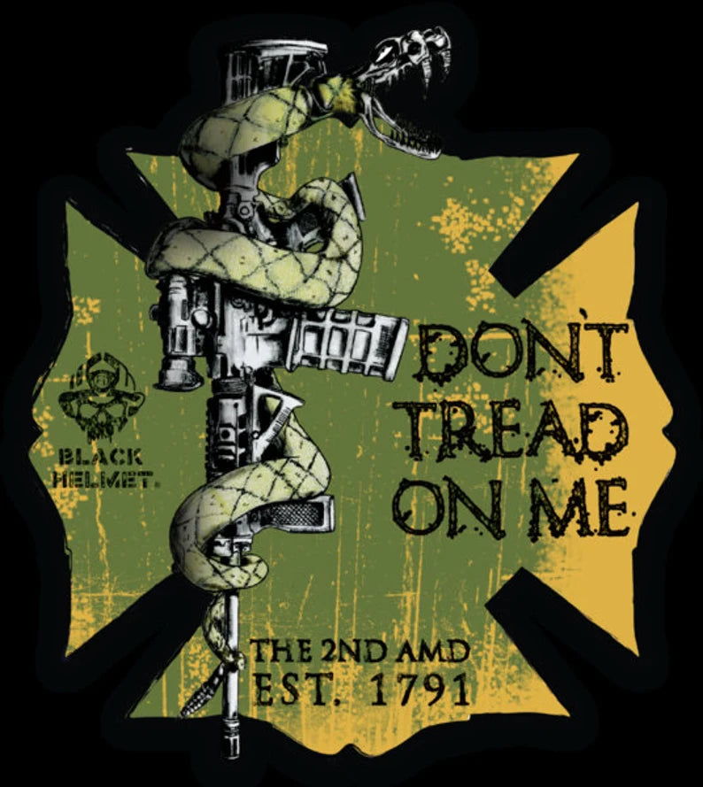 Black Helmet Don't Tread On Me Maltese Cross Firefighter Laminated Decal