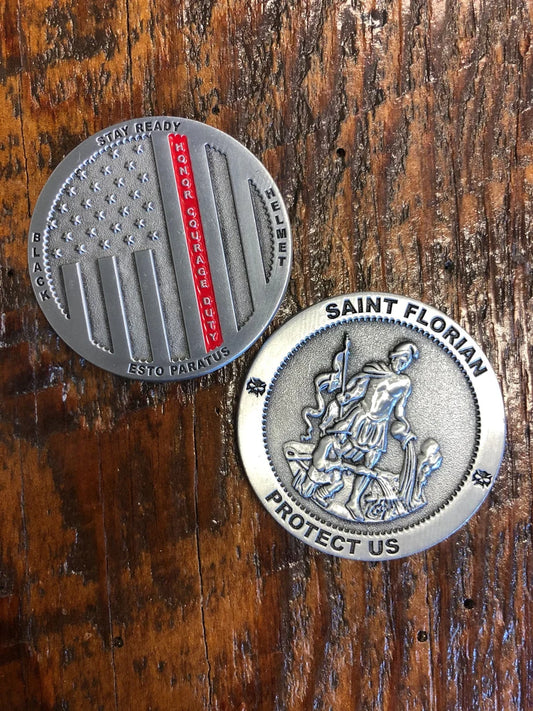 Black Helmet Saint Florian Thin Redline Line Firefighter Challenge Coin 1 3/4" Patron Saint of Firefighters Coin