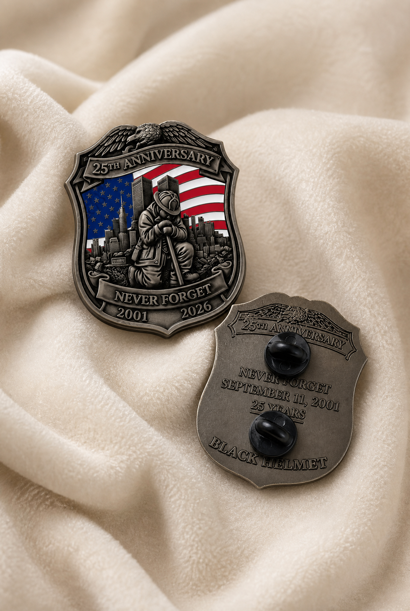 PREORDER - Never Forget 25th Anniversary 9/11 Firefighter Shield Pin