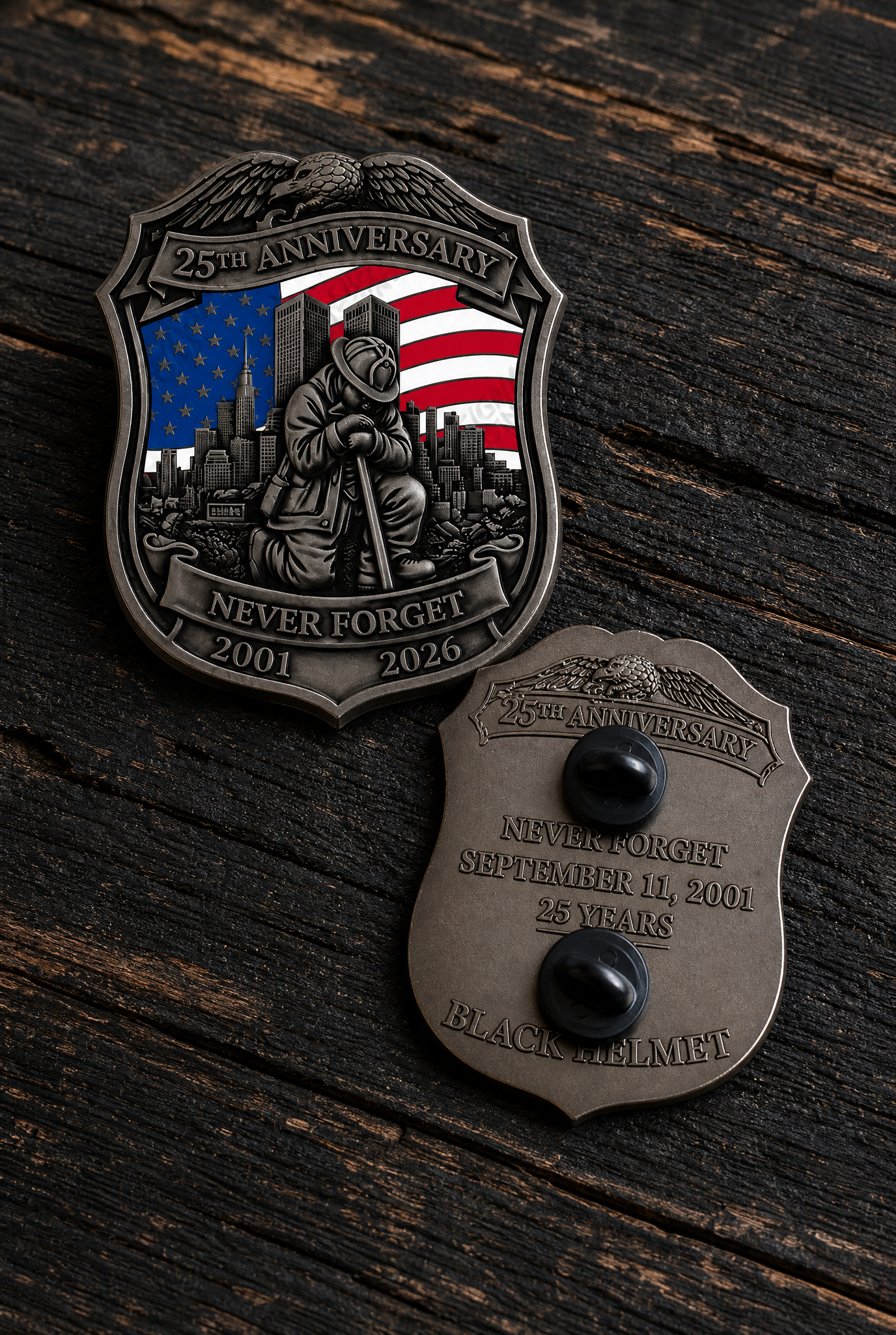 PREORDER - Never Forget 25th Anniversary 9/11 Firefighter Shield Pin