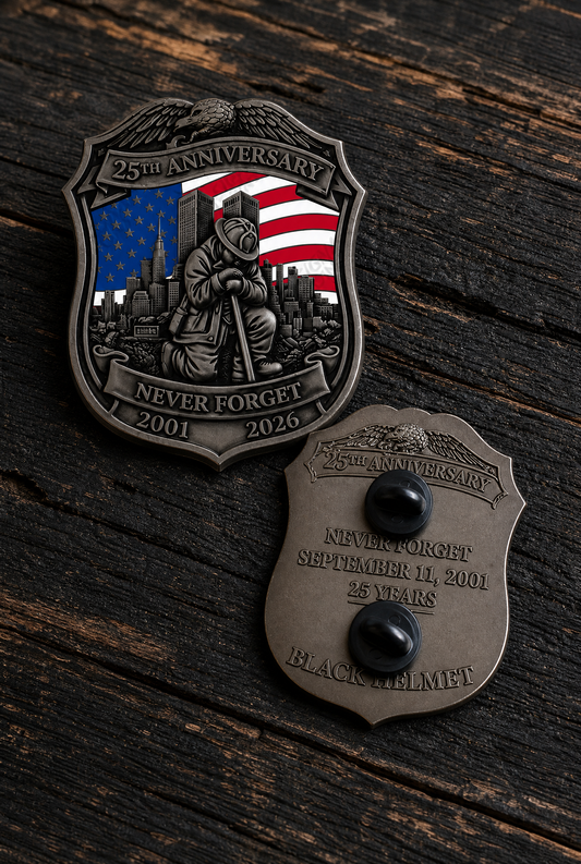 PREORDER - Never Forget 25th Anniversary 9/11 Firefighter Shield Pin