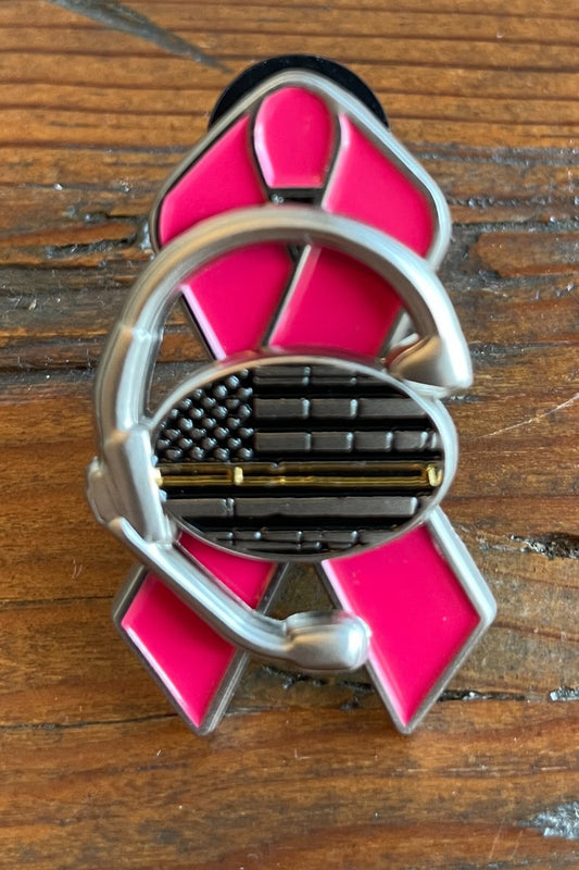 Thin Gold Line Flag Dispatcher and 911 Communications 3D Headset Pink Ribbon Pin