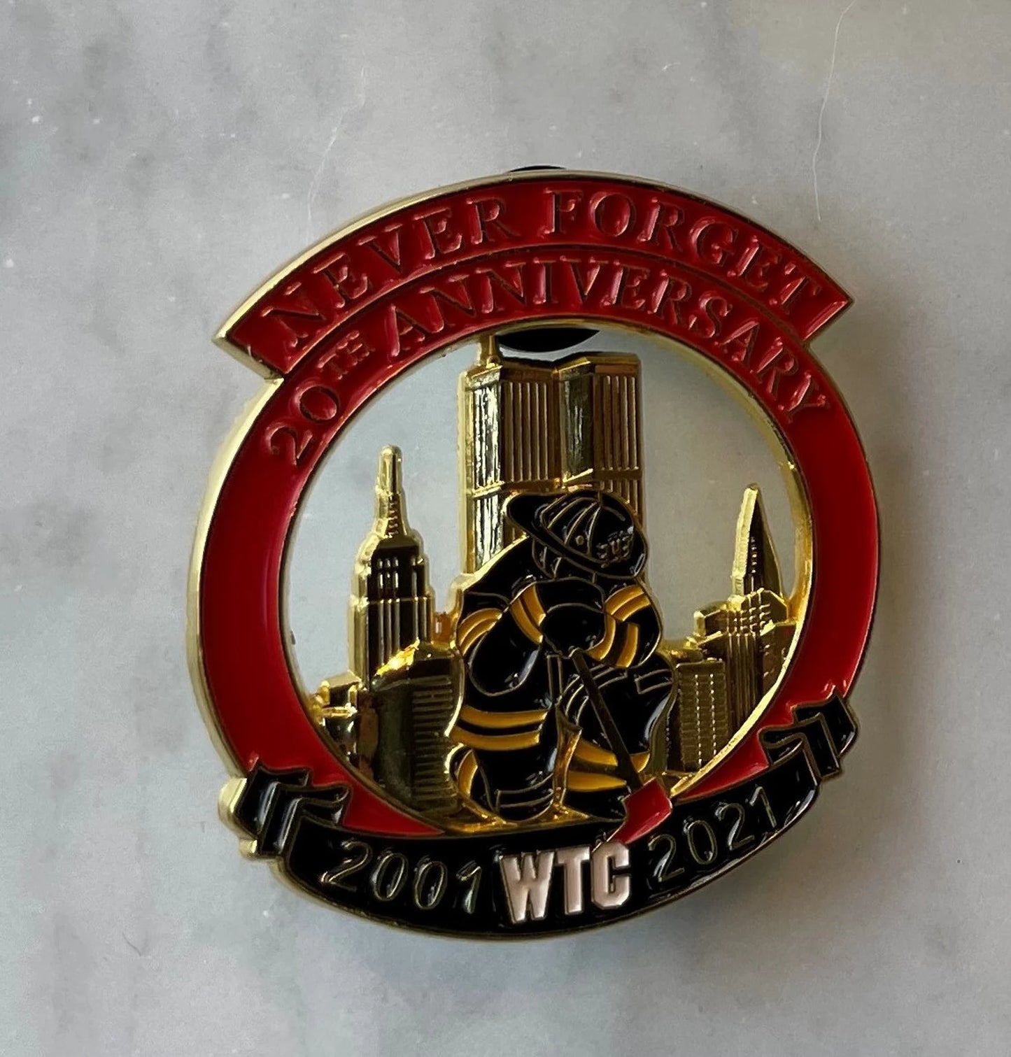 Firefighter Kneeling Twin Tower Never Forget 9-11-01 20th Anniversary Pin