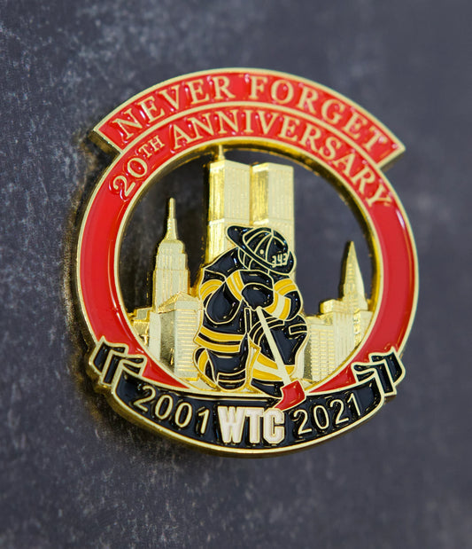 Firefighter Kneeling Twin Tower Never Forget 9-11-01 20th Anniversary Pin