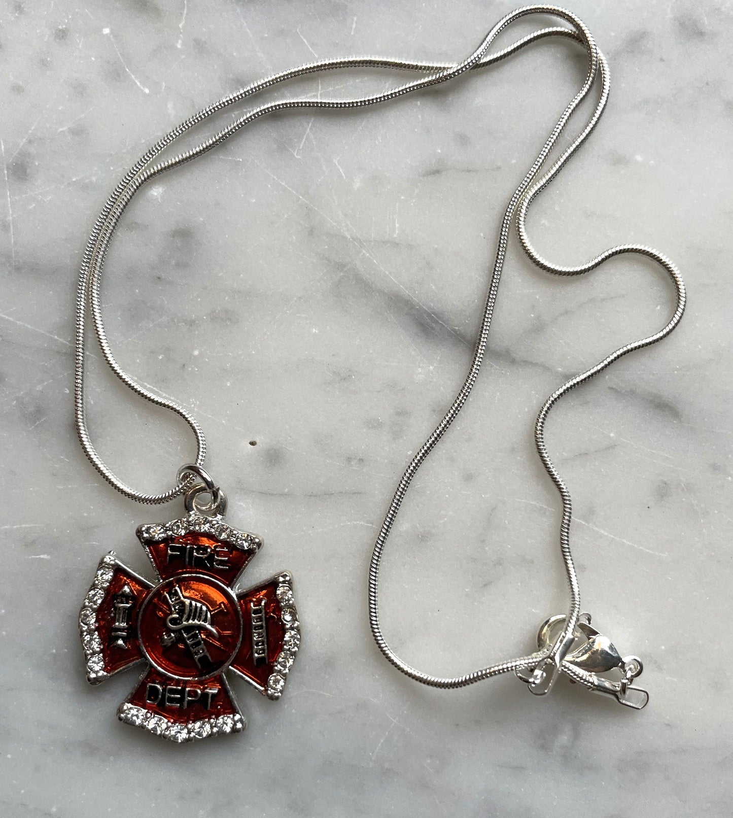Fire Dept Shield Crystal Charm Pendant Necklace With 18 Inch Chain