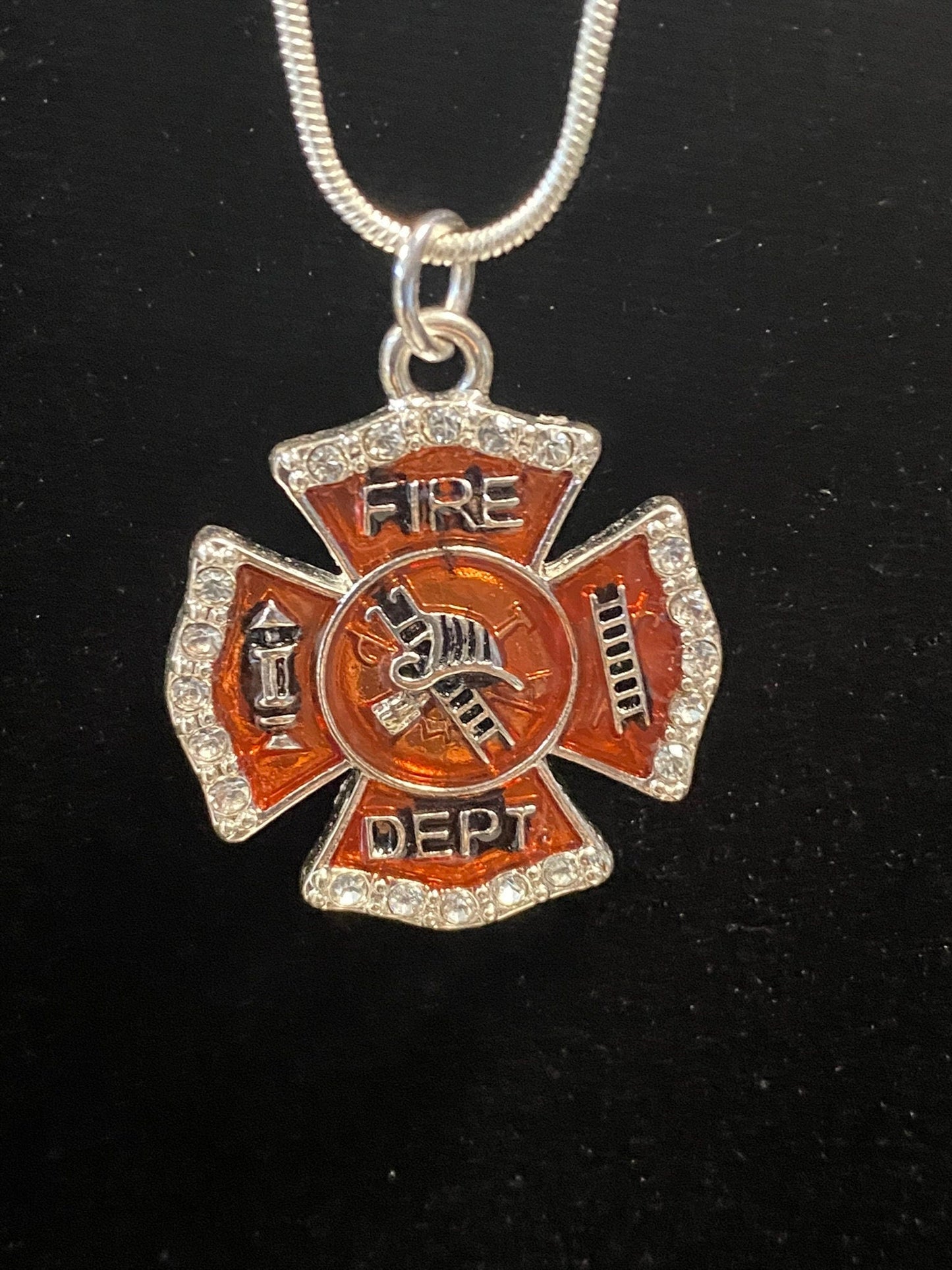 Fire Dept Shield Crystal Charm Pendant Necklace With 18 Inch Chain