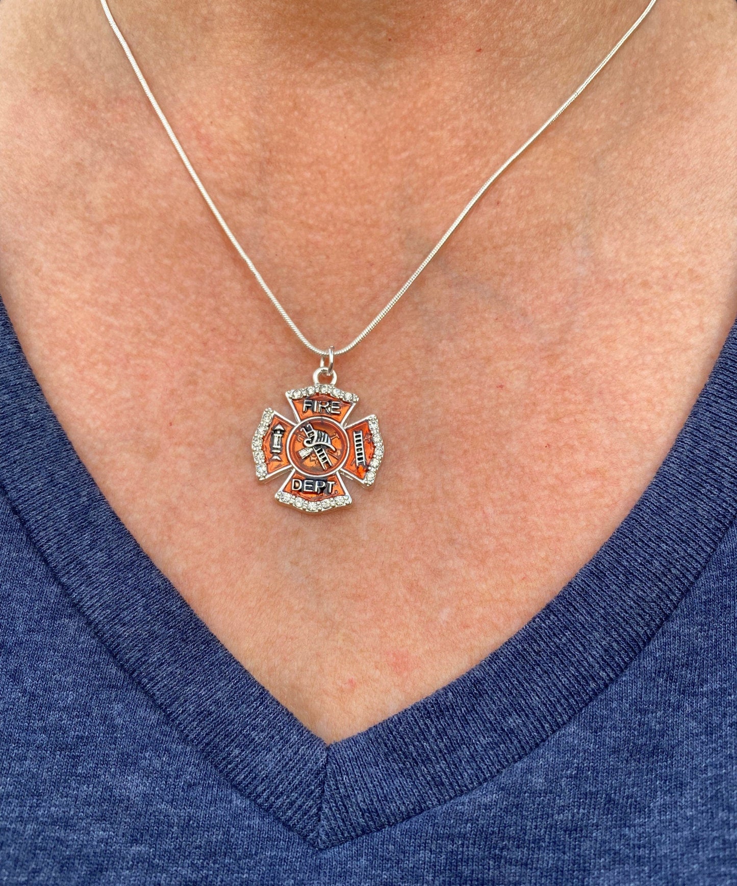Fire Dept Shield Crystal Charm Pendant Necklace With 18 Inch Chain