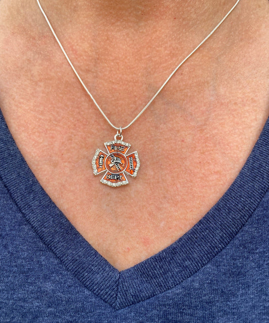 Fire Dept Shield Crystal Charm Pendant Necklace With 18 Inch Chain
