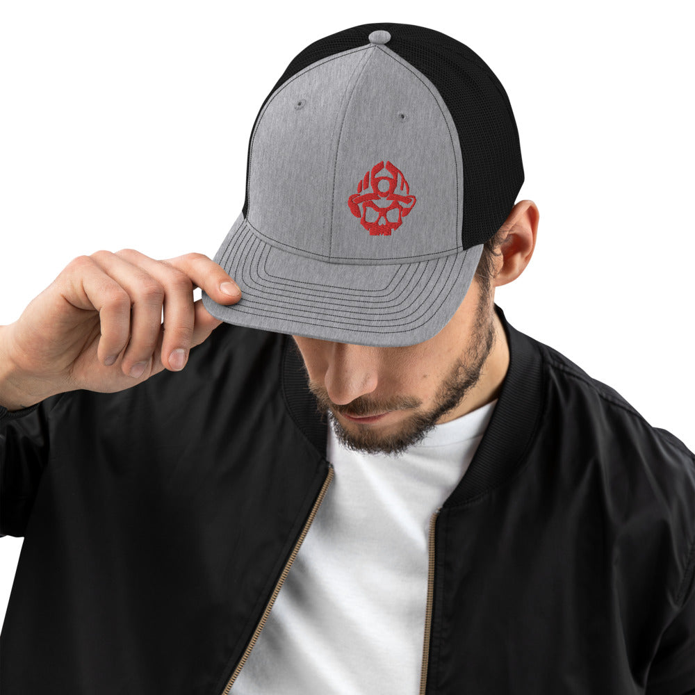Black Helmet Red Skull Logo Trucker Cap