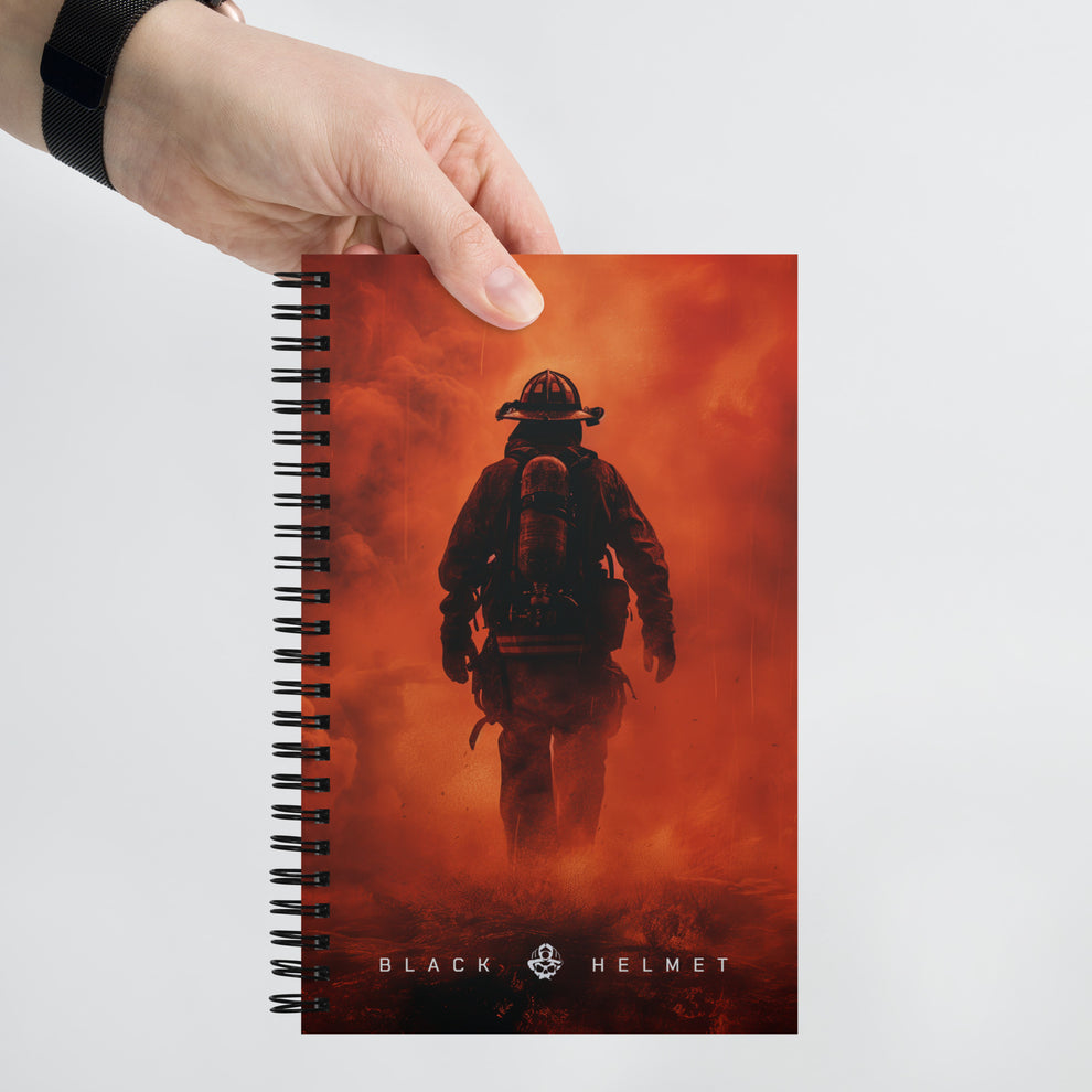 Into the Heat Firefighter Notebook – 140 Dotted Pages – Black Helmet
